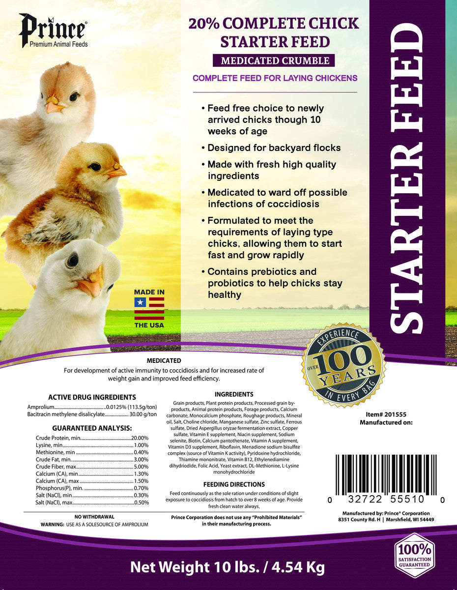 Prince Premium Feed Chick Starter 20% Layer Mash Medicated Crumble - 10 Lbs
