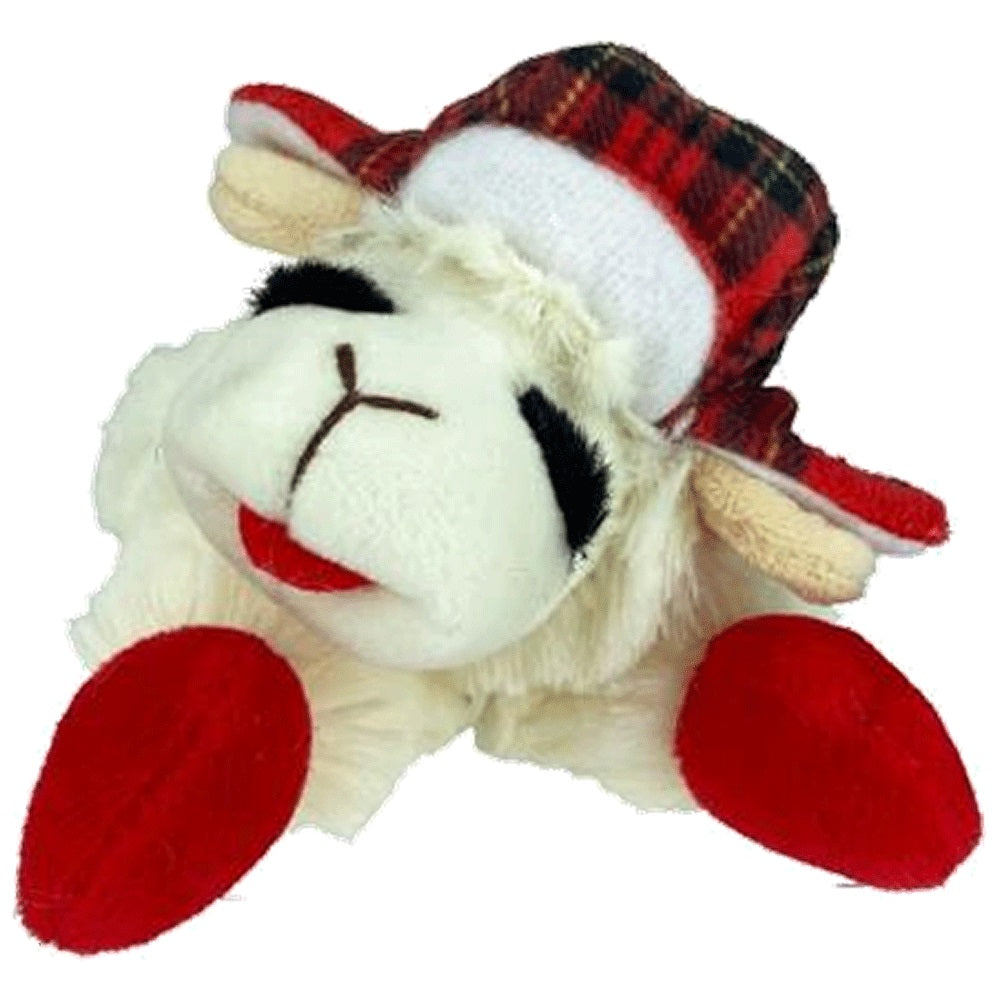 Multipet Holiday Lamb Chop With/Trapper Hat 10.5" Plush Dog Toy-Medium
