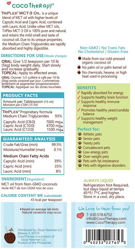 CocoTherapy TriPlex MCT-3 Oil - Ultra Potency MCT Oil plus Lauric Acid - 8 fl. oz. Glass Bottle
