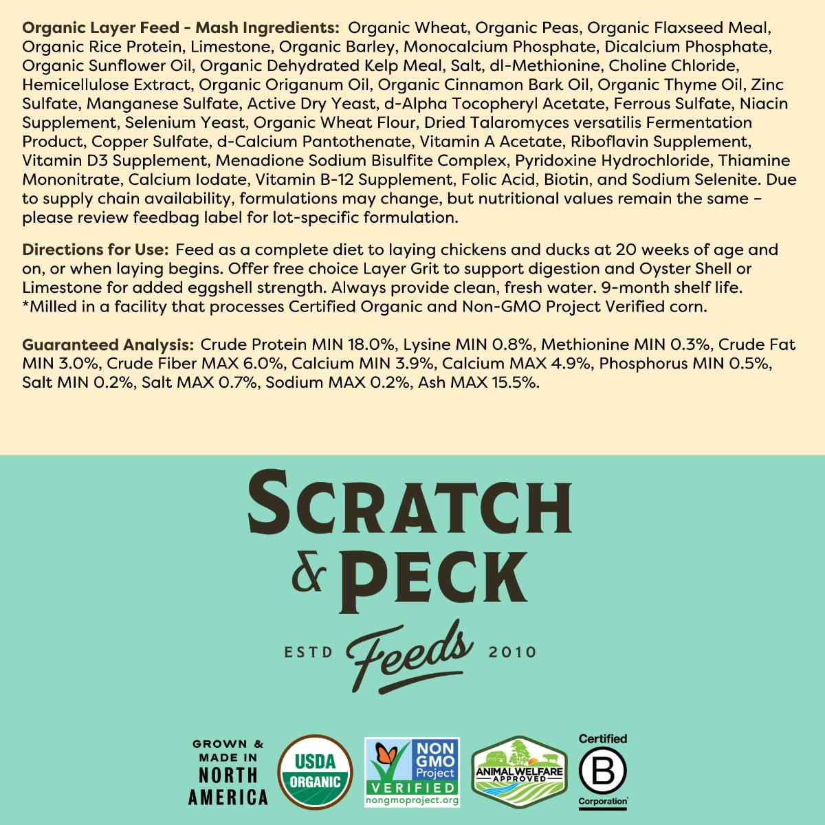 Scratch and Peck Naturally Free Organic Chicken & Duck 18% Layer Mash - 40-lbs