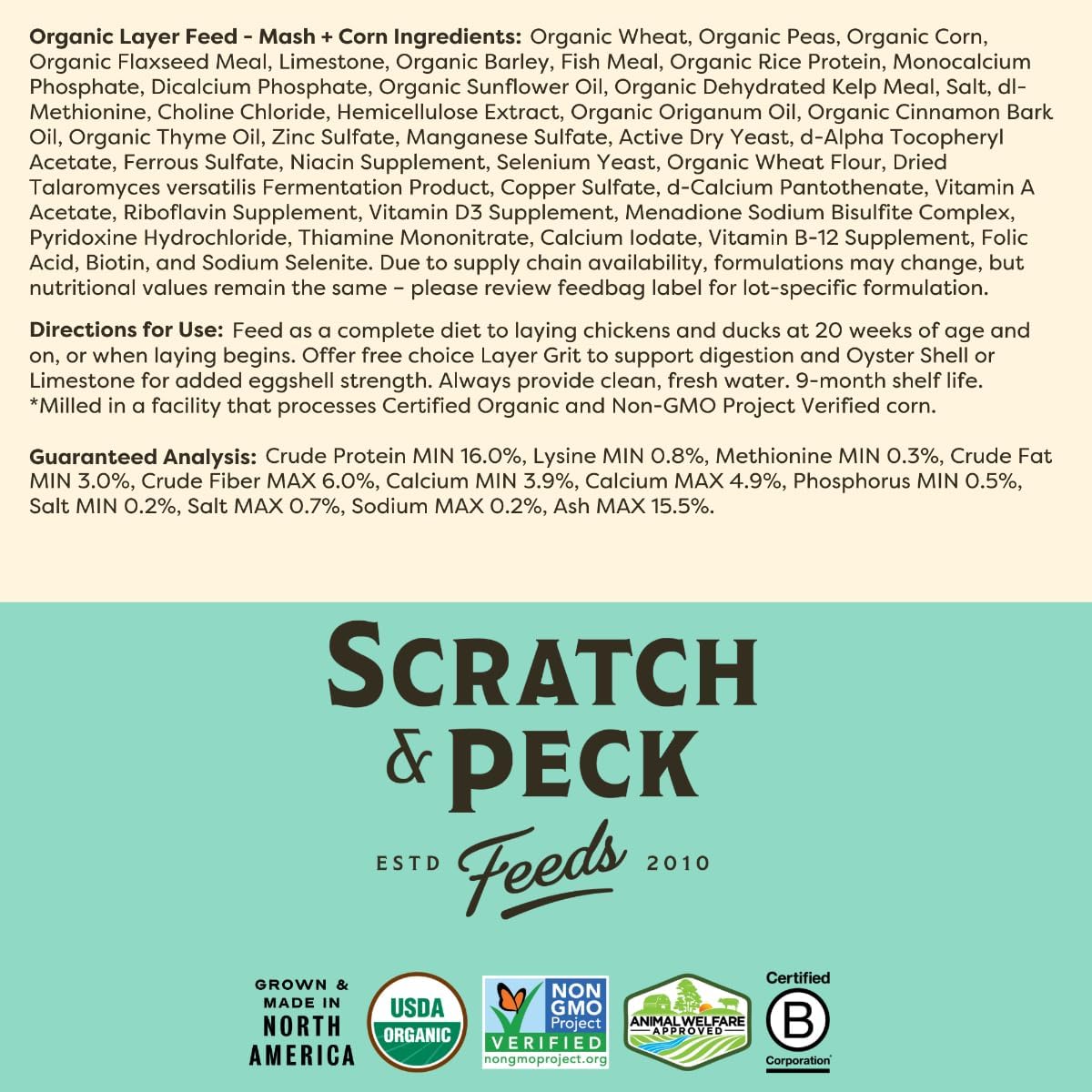 Scratch and Peck Naturally Free Organic Chicken & Duck 16% Layer Mash With Corn - 40-lbs