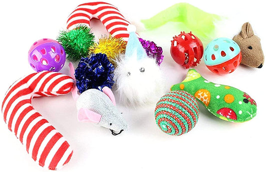 Midlee Christmas Stocking Cat Toy Gift Set (14 Toys)- Candy Canes, Bells, Mice Kitten Holiday Toys
