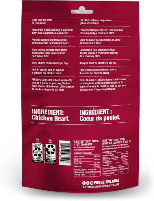 PureBites Chicken Heart Freeze Dried Dog Treats, 1 Ingredient, Made in USA, 3oz