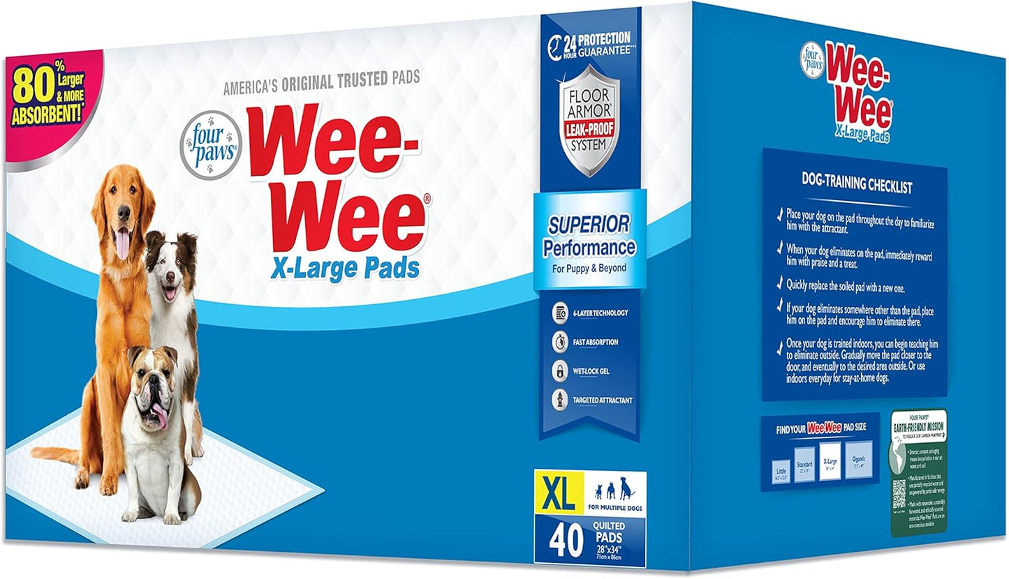 Four Paws Wee-Wee XL Leak-Proof Floor Protection Dog & Puppy Quilted Unscented Training Pads - 28" x 34" (40 Count)