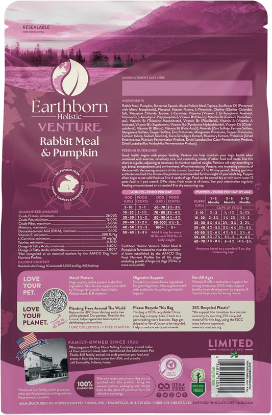 Earthborn Holistic Venture Grain Free Rabbit Meal & Pumpkin Dry Dog Food-4 lbs