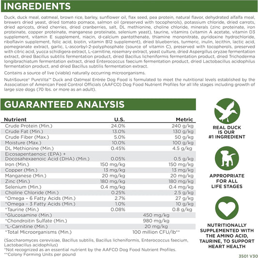 NutriSource PureVita Duck And Oatmeal Entree with Wholesome Grains Dry Dog Food - 25 lbs