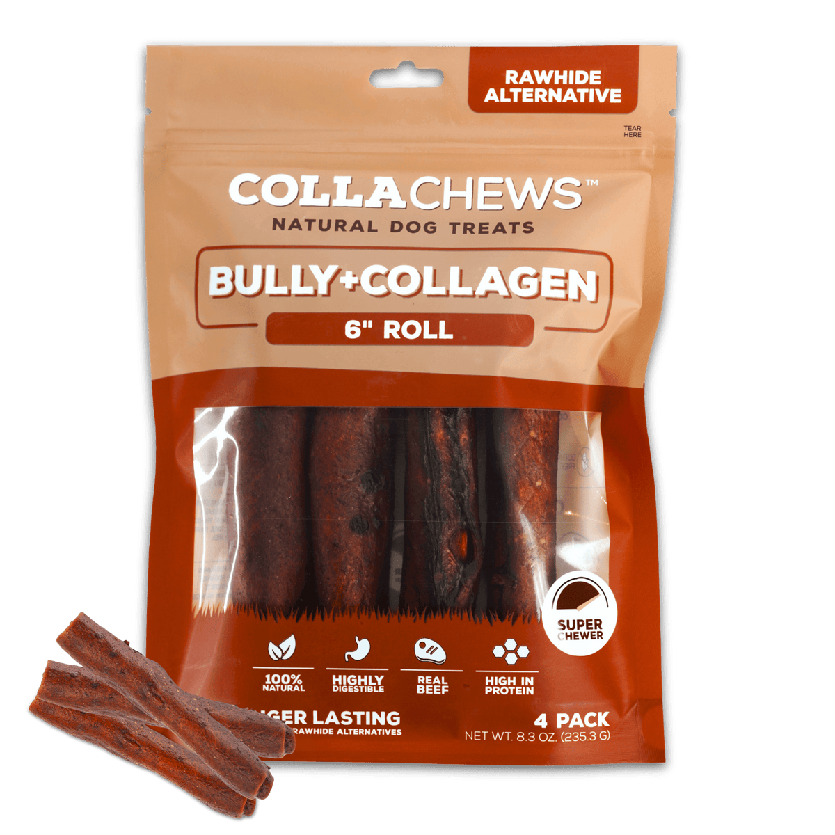 CollaChews Bully & Collagen Rawhide Free 6" Roll Dog Treat - 4 Pack Bag