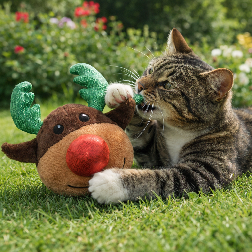 MULTIPET Holiday Pull & Vibrate Plush Cat Toy - Reindeer