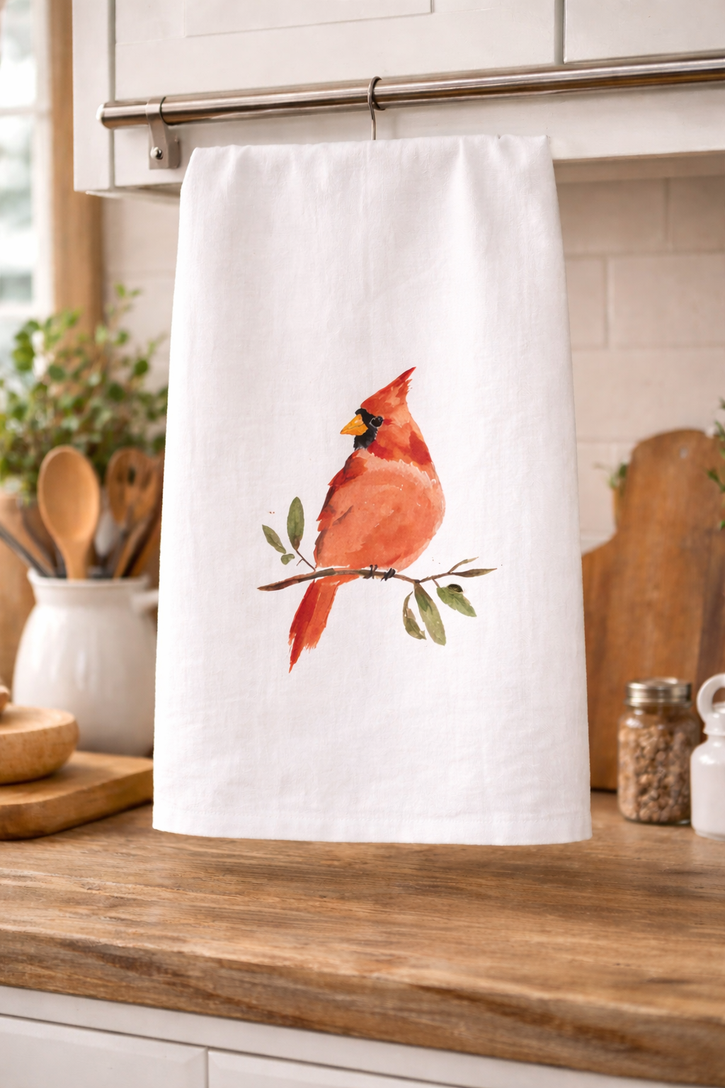 Rustic Marlin Watercolor Cardinal Bird Kitchen Tea Towel