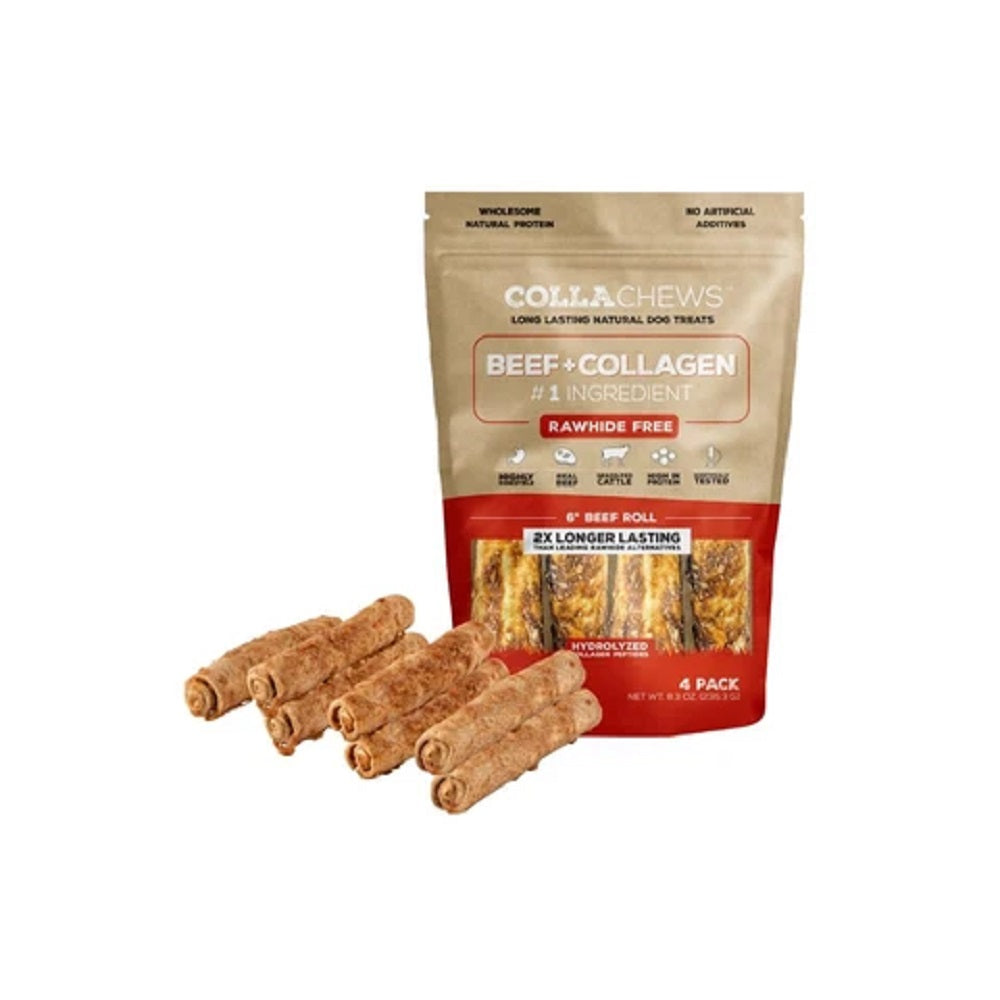 CollaChews Beef & Collagen Rawhide Free 6" Roll Dog Treat - 4 Pack Bag