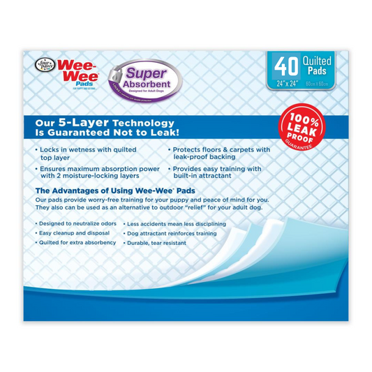Four Paws Wee Wee Pads - Super Absorbent- 40 Pack - (24"L x 24"W)
