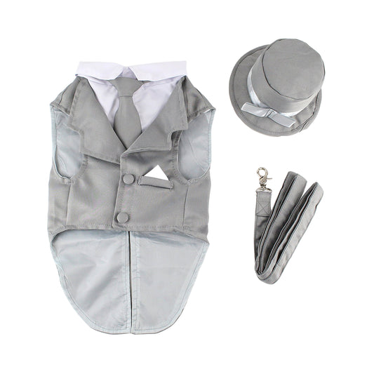 Midlee Dog Tuxedo Wedding Suit- Gray Top Hat & Leash