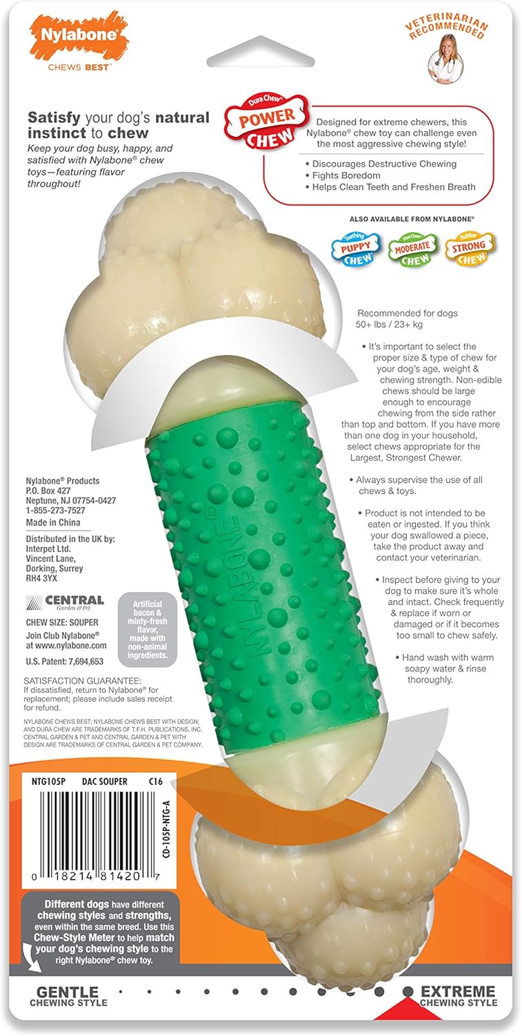 Nylabone Dura Power Chew Double Action Barbell Bone Chew Toy - Bacon Flavor (X-Large/Souper)81420