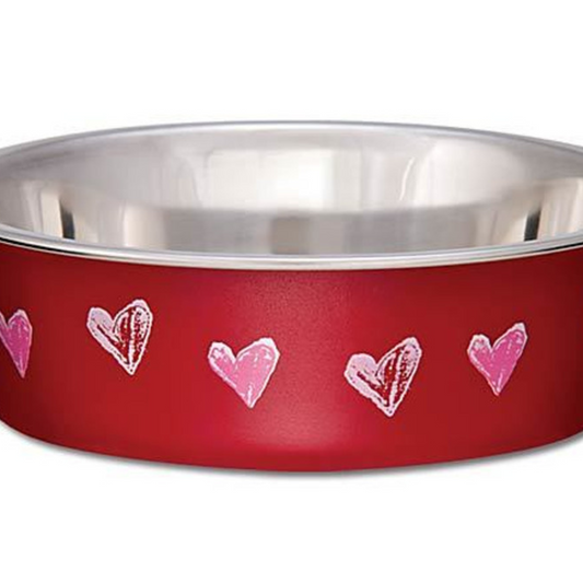 Loving Pets Stainless Steel & Red Hearts Bella Bowl with Rubber Base - DS
