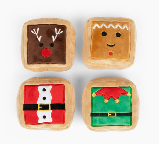 Midlee Gift Box Christmas Squares Sugar Cookie Plush Dog Toy-Reindeer, Gingerbread Man, Santa, Elf