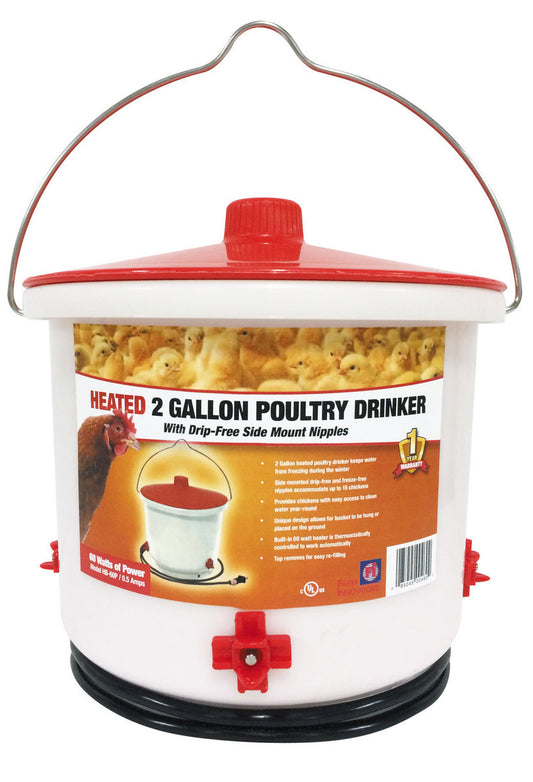 Farm Innovators Heated 2 Gallon Plastic Chicken Water Bucket Drinker Nipple Waterer - White/Red