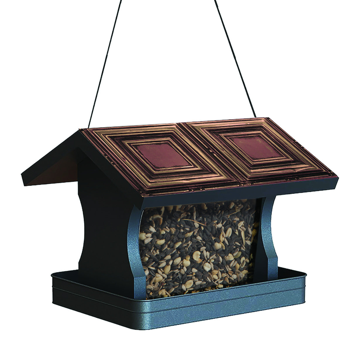 Panacea Woodlink Modern Farmhouse Vintage Tin Panel Roof Hopper Feeder - Blue/Brown