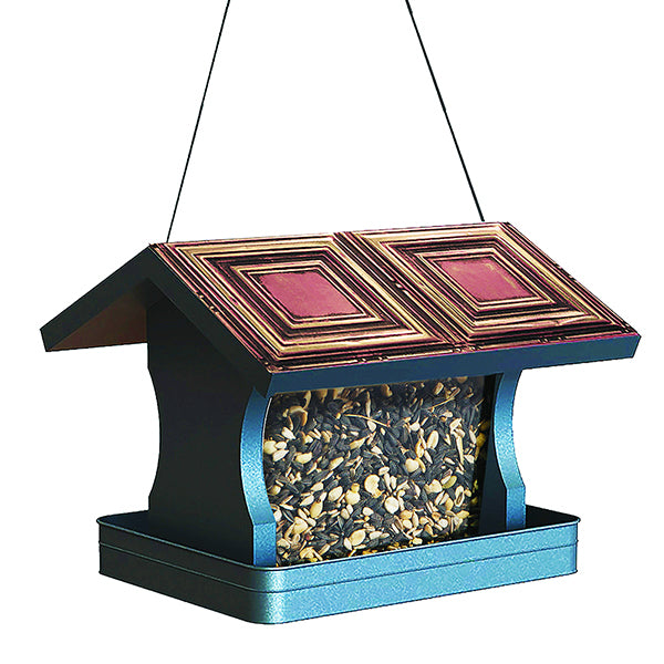 Panacea Woodlink Modern Farmhouse Vintage Tin Panel Roof Hopper Feeder - Blue/Brown