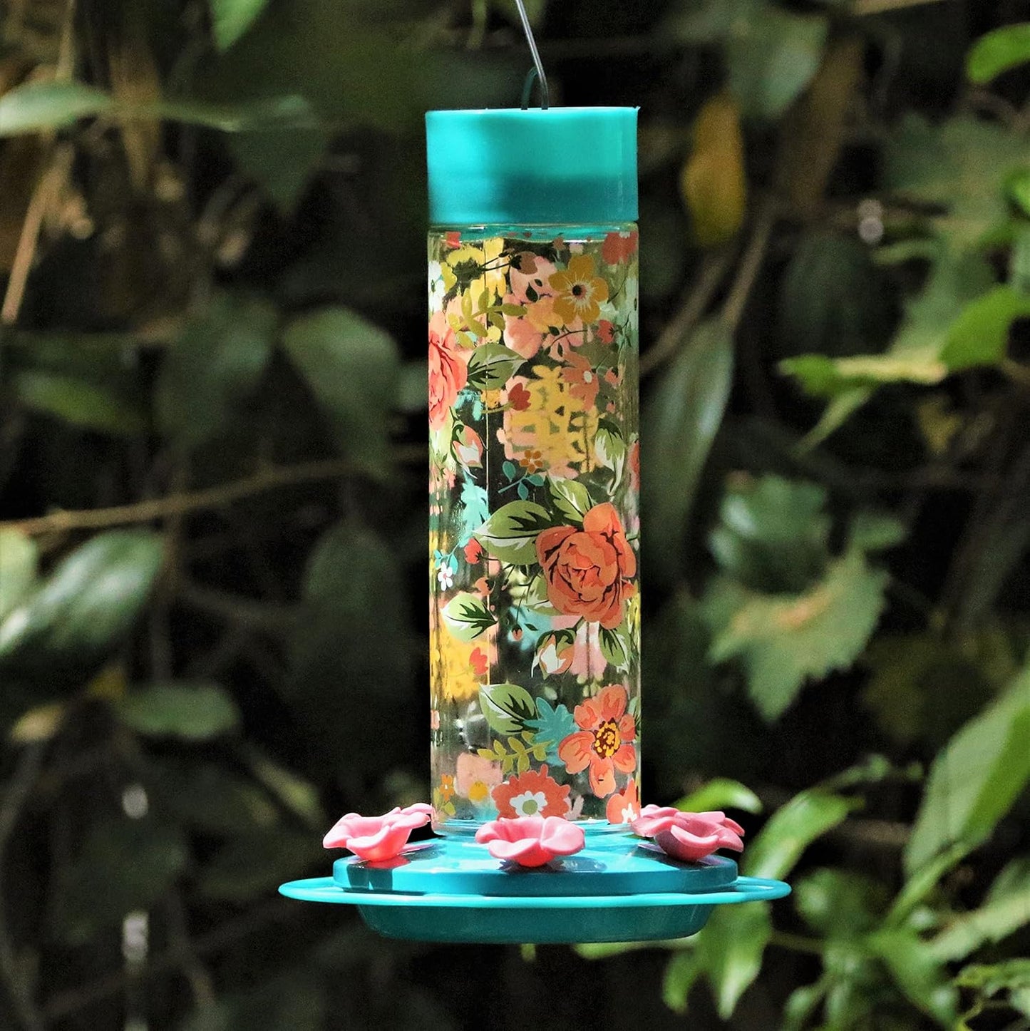 Nature's Way Teal Charming Peony Decorative Glass Hummingbird Feeders - 20 Oz