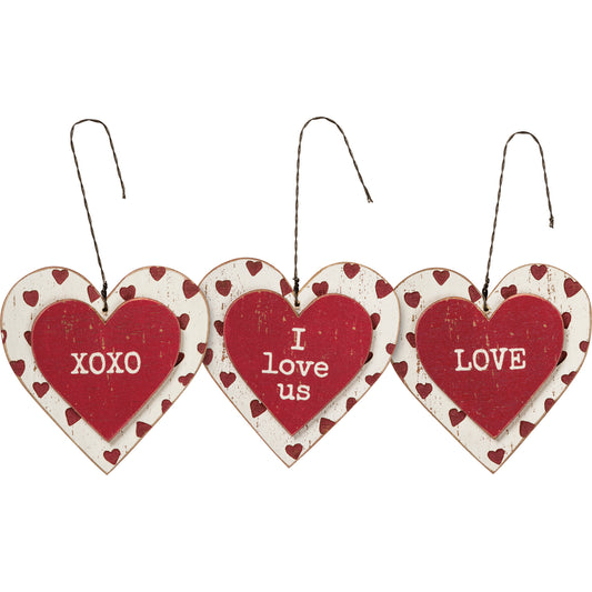 Primitives by Kathy Love Love; XOXO; I Love Us Decorative Valentine's Ornament Set