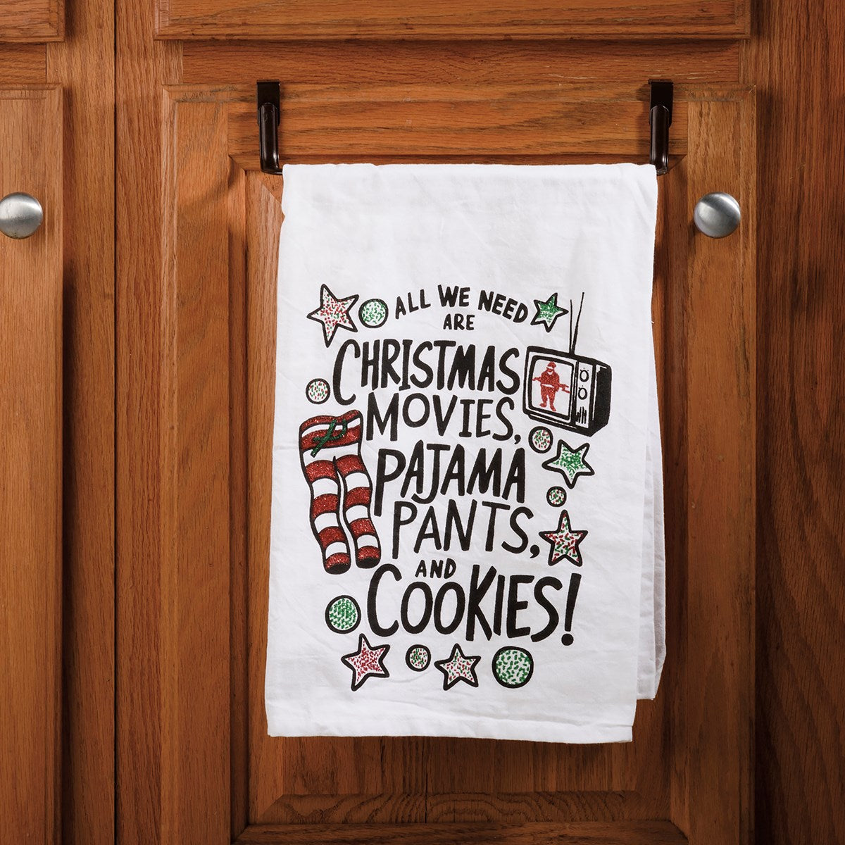 Primitives by Kathy Christmas Movies Pajama Pants and Cookies Kitchen Dish Towel - 28" x 28"