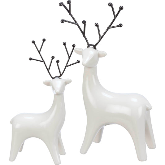 Primitives by Kathy Set of 2 White Ceramic Deer Figurines with Black Antlers