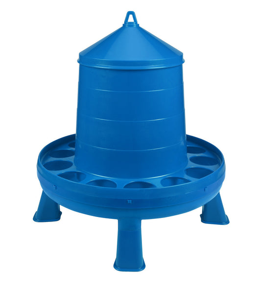 Poultry Feeder with Legs (Blue) - Durable Feeding Container with Carrying Handle for Chickens & Birds (26 Lbs)