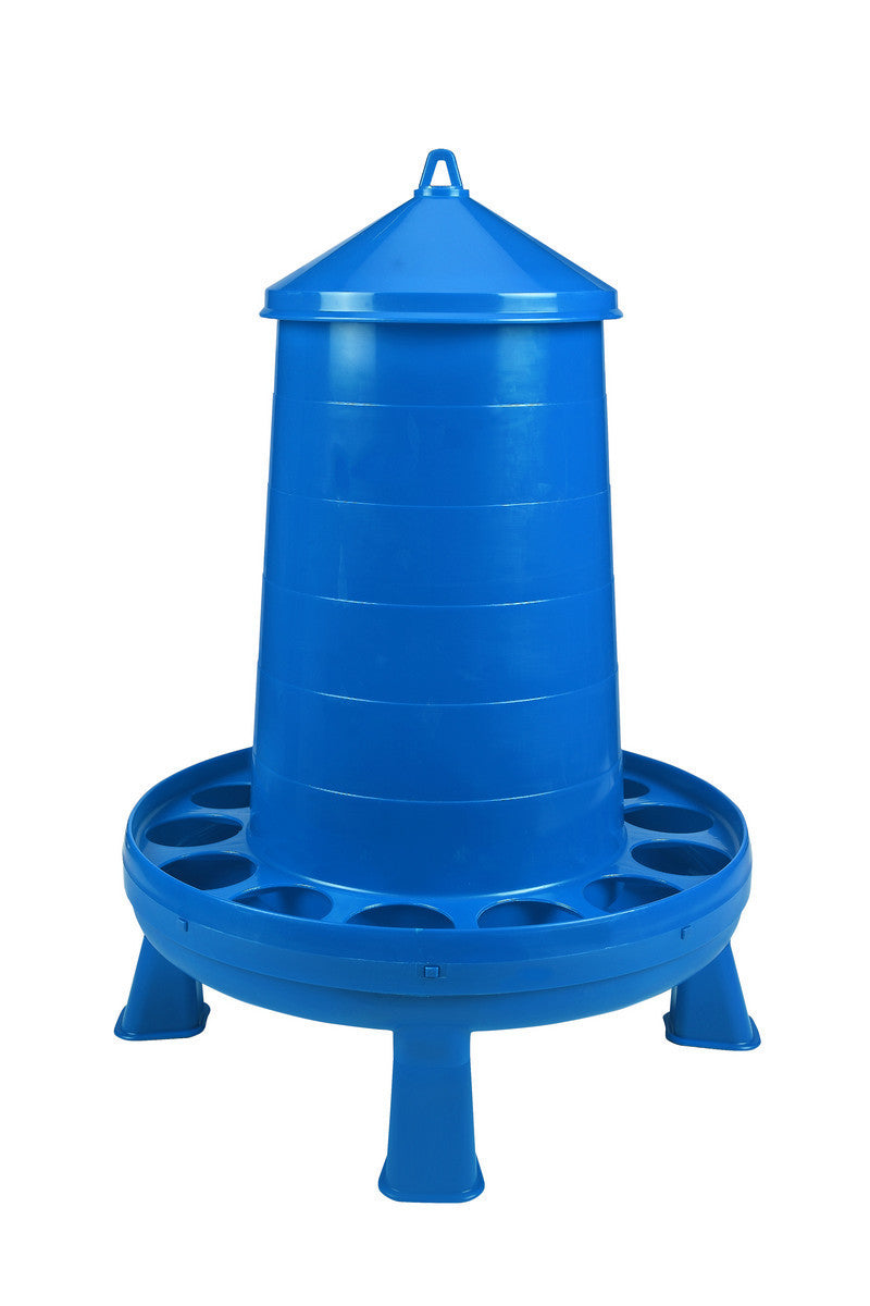 Poultry Feeder with Legs (Blue) - Durable Feeding Container with Carrying Handle for Chickens & Birds (35 Lbs)