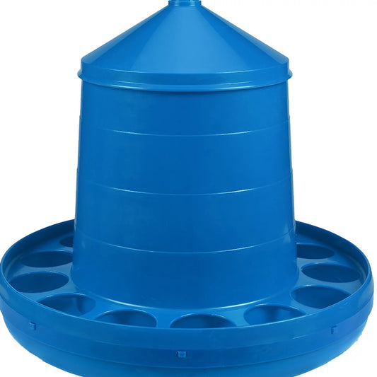 Poultry Feeder with Legs (Blue) - Durable Feeding Container with Carrying Handle for Chickens & Birds (35 Lbs)