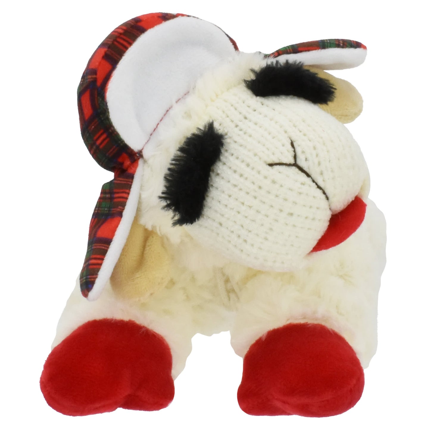 Multipet Holiday Lamb Chop With/Trapper Hat 10.5" Plush Dog Toy-Medium