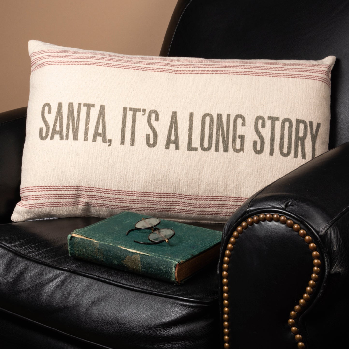 Primitives by Kathy Vintage Flour Sack Style Santa It's A Long Story Holiday Christmas Throw Pillow