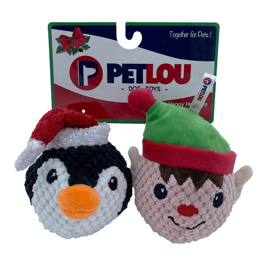 PetLou Penguin and Elf Christmas EZ Squeaky Twin Ball - 4" EZ