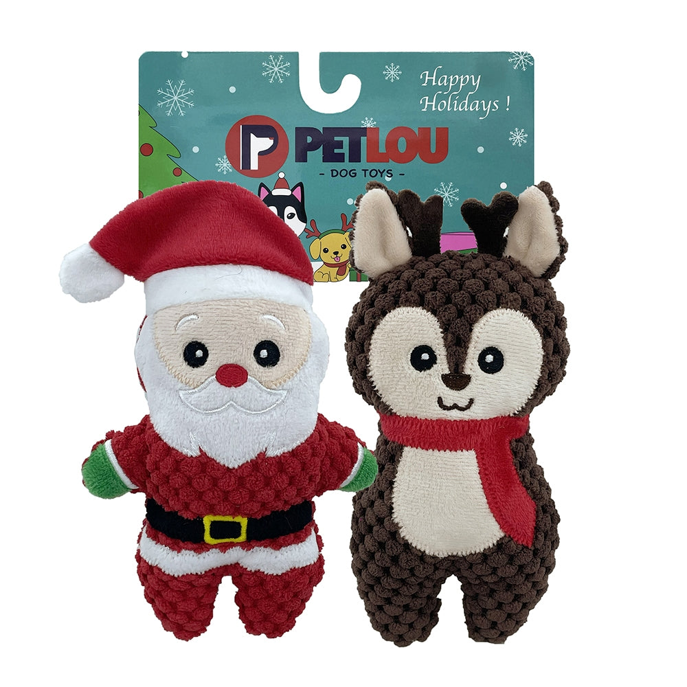 Petlou Christmas Twin Pack Santa & Reindeer Holiday Dog Toys - 6"