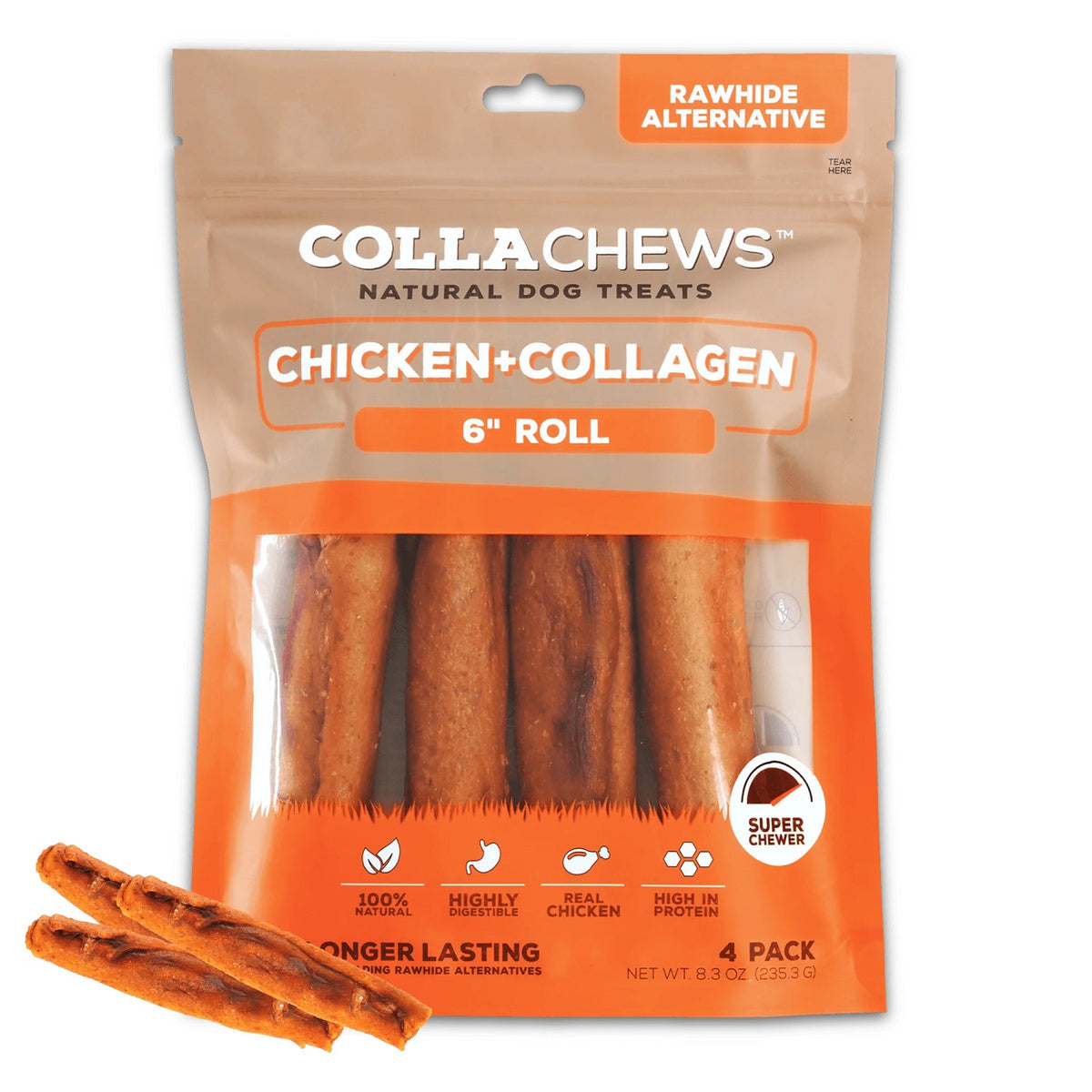CollaChews Chicken & Collagen Rawhide Free 6" Roll Dog Treat - 4 Pack Bag