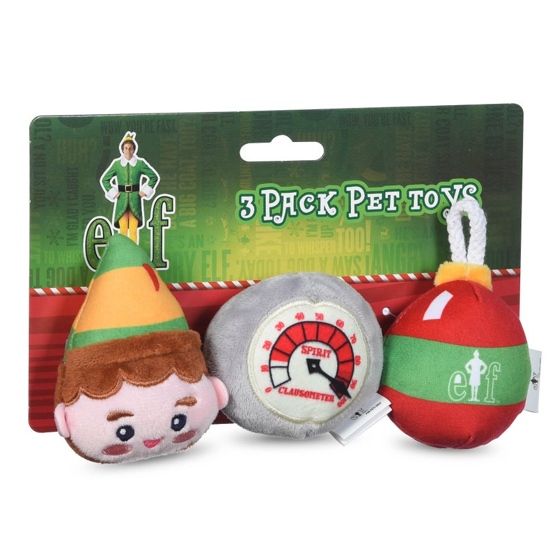 Elf: Holiday Plush Squeaker Buddy the Elf, Clausometer, and Ornament Ball Set - 3pc Toy Set(3”)