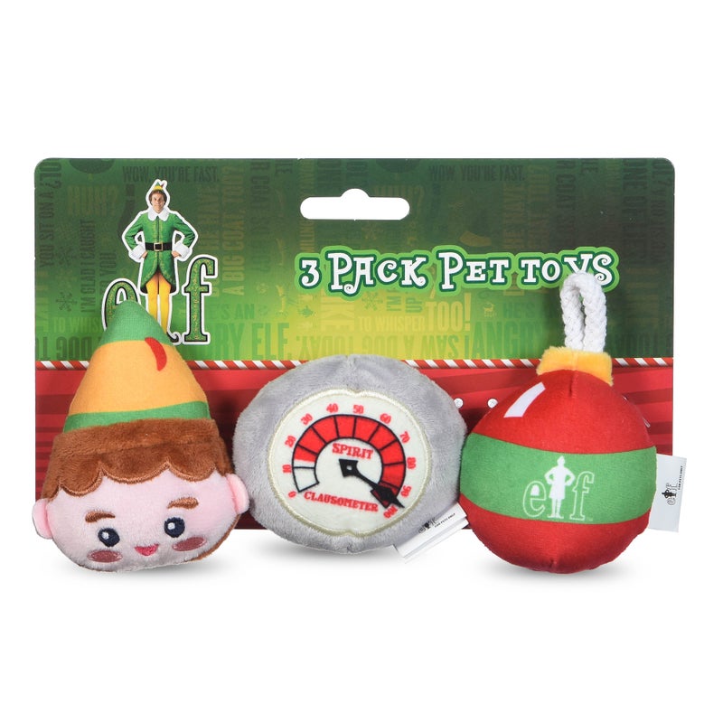 Elf: Holiday Plush Squeaker Buddy the Elf, Clausometer, and Ornament Ball Set - 3pc Toy Set(3”)
