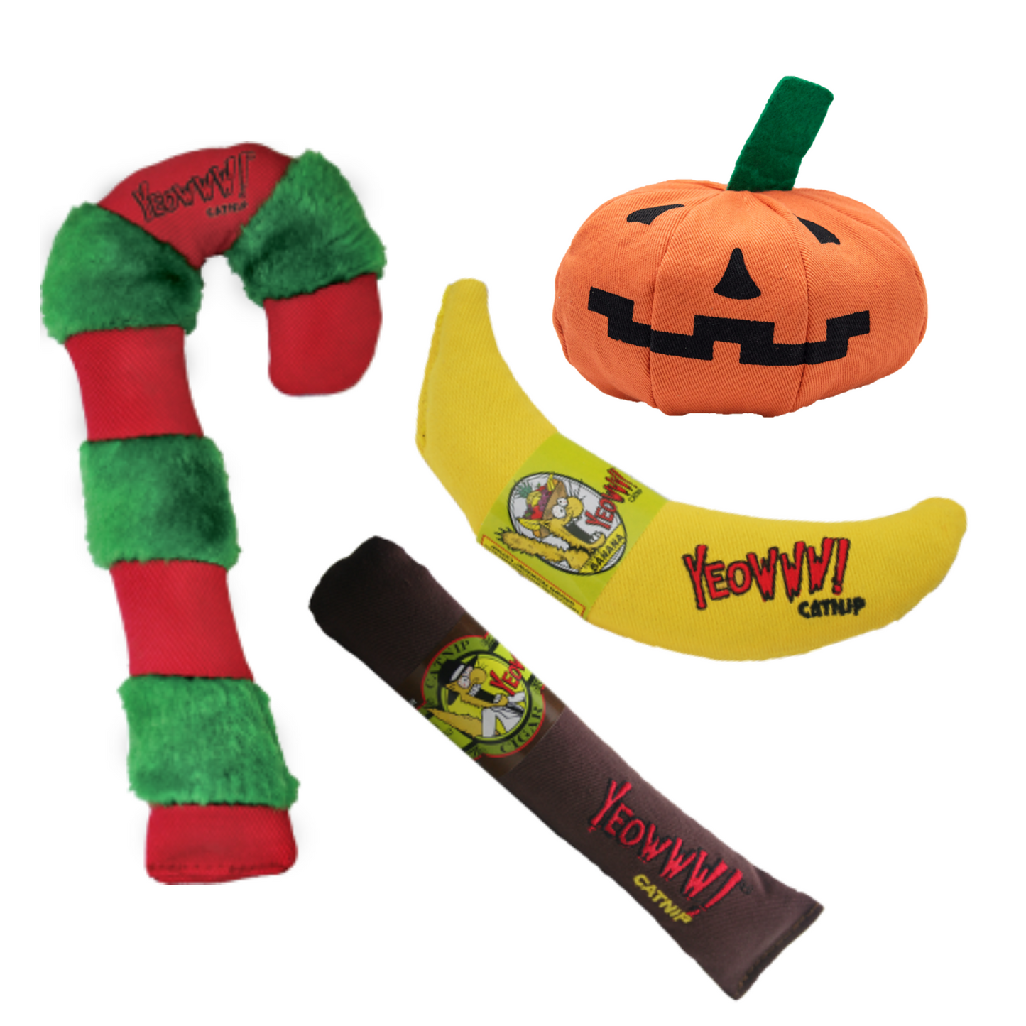 Yeowww! 100% Organic Catnip Toy Assortment (banana, cigar, pumpkin, candy cane)