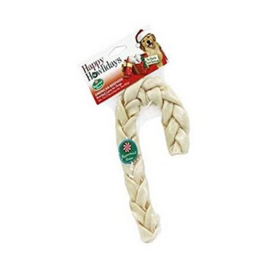 Pet Factory Happy Howlidays American Beefhide Braided Dog Candy Cane 2pk 16-17"