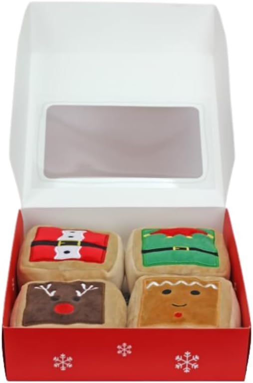 Midlee Gift Box Christmas Squares Sugar Cookie Plush Dog Toy-Reindeer, Gingerbread Man, Santa, Elf