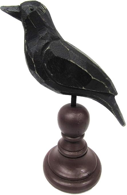 New "Carved" Look Weathered Rustic Primitive Crow On Spindle Finial Raven Poe