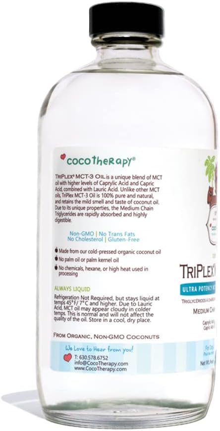 CocoTherapy TriPlex MCT-3 Oil - Ultra Potency MCT Oil plus Lauric Acid - 16 fl. oz. Glass Bottle