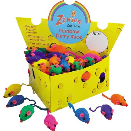 Box of 60 Zanies Real Fur Rattling Rainbow Mice in Cheese Box - 3"