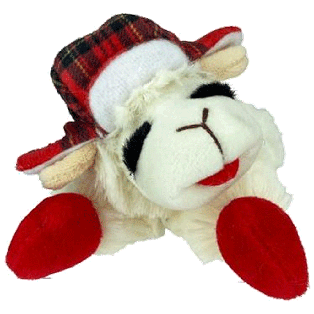 Multipet Holiday Lamb Chop With/Trapper Hat 10.5" Plush Dog Toy-Medium