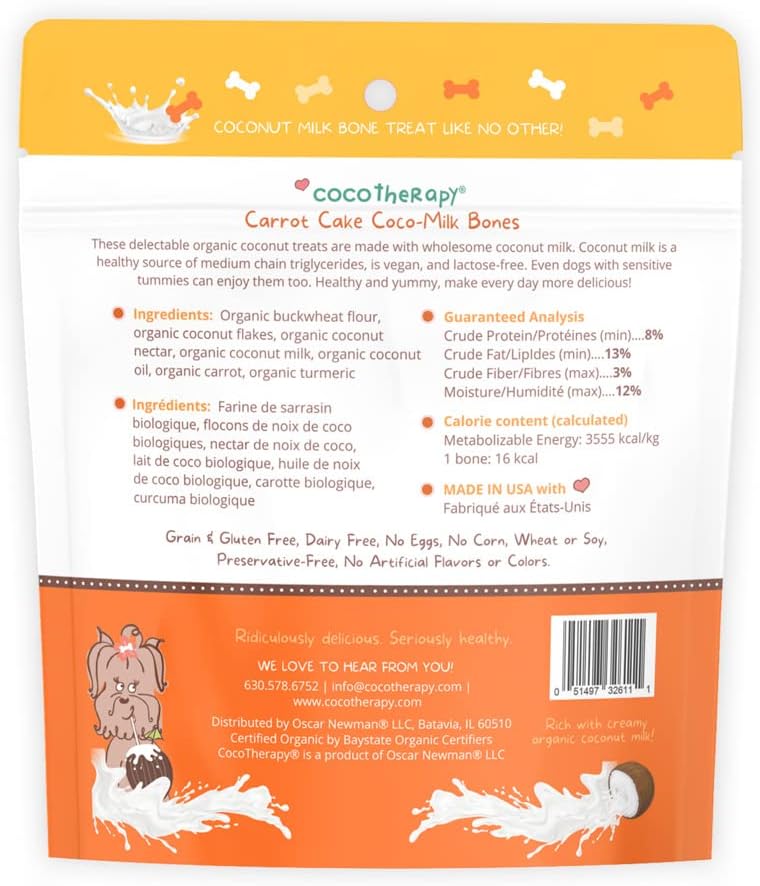 CocoTherapy Coco-Milk Bones Carrot Cake Biscuit - Organic Coconut Treat for dogs (6 oz)