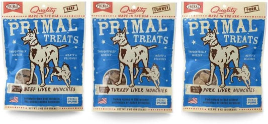 Primal Dog & Cat Treats 3 Flavor Variety Bundle: Beef, Turkey and Pork Liver Munchies - (6 oz)