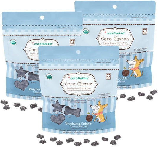 CocoTherapy Blueberry Cobbler Coco-Charms Dog Training Treats, 5 Ounces, Organic, Made in The USA- 3 Pack