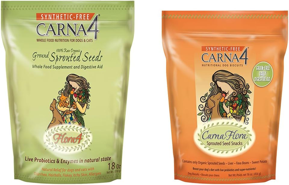 Carna4 Nutritional Sprouted Seeds Dog Biscuits Variety Pack - 16-18 Ounces - Flora4 Seeds Topper and Grain-Free Biscuits (2 Pack)