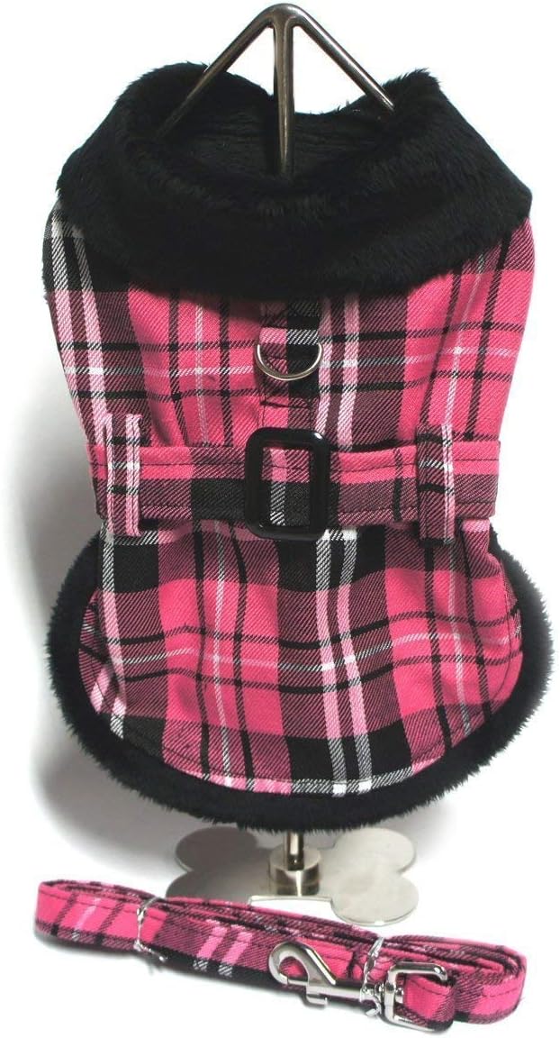 Doggie Design Pink Classic Plaid Wool/Fur Collared Harness Coat W/Leash Size Small (Chest 13-16, Neck 10-13, Weight 6-10lbs.)