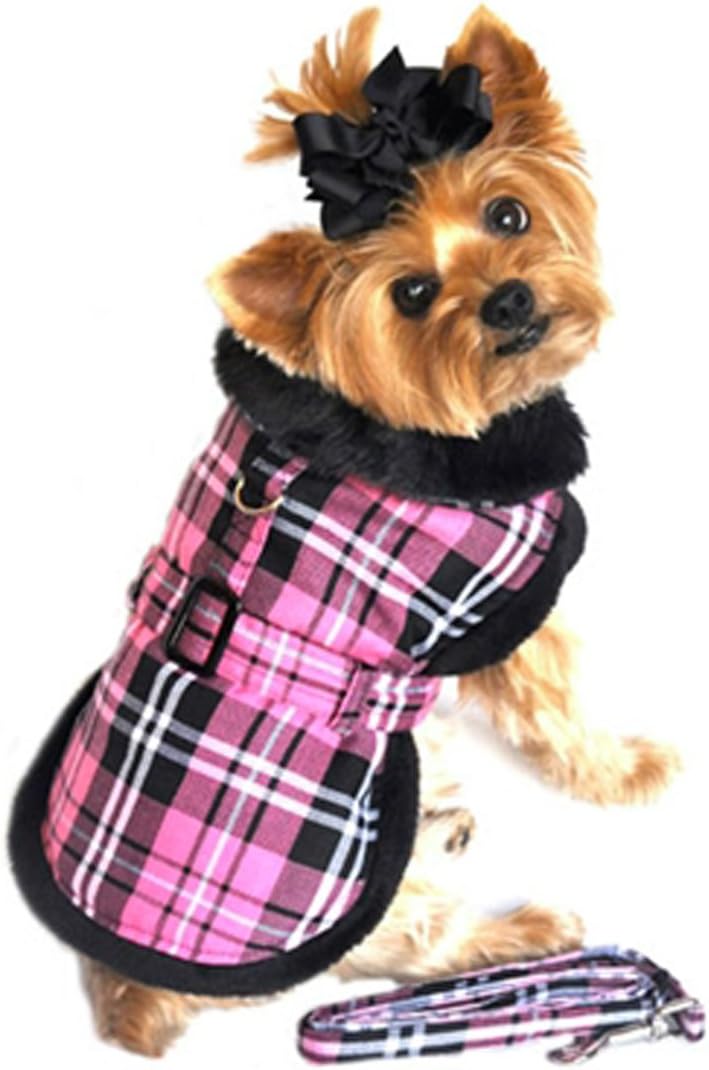 Doggie Design Pink Classic Plaid Wool/Faux Fur Collared Harness Coat w/Leash for Dogs, Large