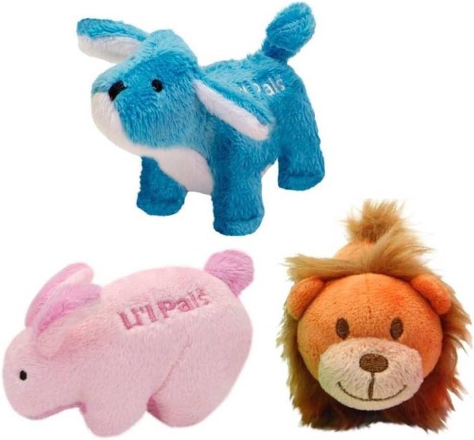 LilPals Interactive Plush Small Size Squeaker Toy 3 Shape Variety Bundle: (1) Pink Bunny, (1) Tawny Lion, and (1) Blue Puppy